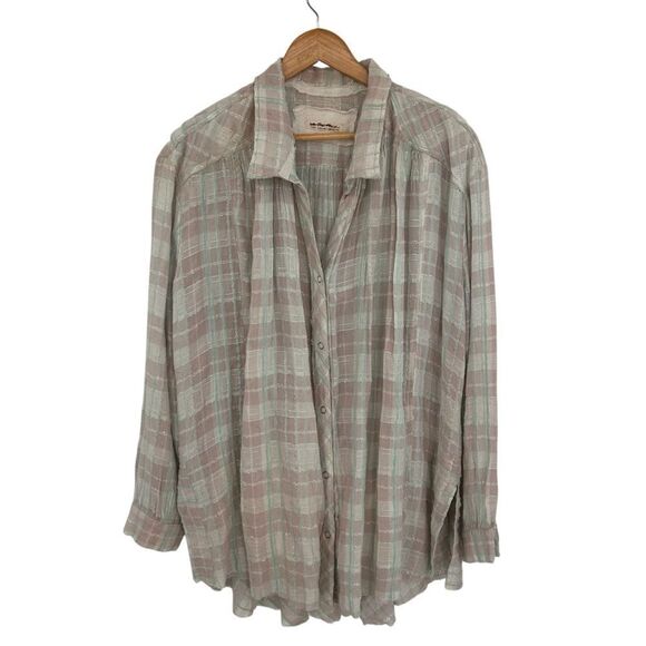 Free People we the free Lela green Plaid Buttondown Metallic Tunic size large - Picture 3 of 8